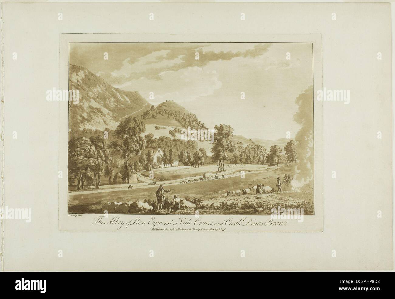 Paul Sandby. L' Abbazia di Llan Egnerst o Vale Crucis, e il castello di dinas Bran. 1776. In Inghilterra. Incisione e acquatinta in sanguine su avorio di cui la carta Foto Stock