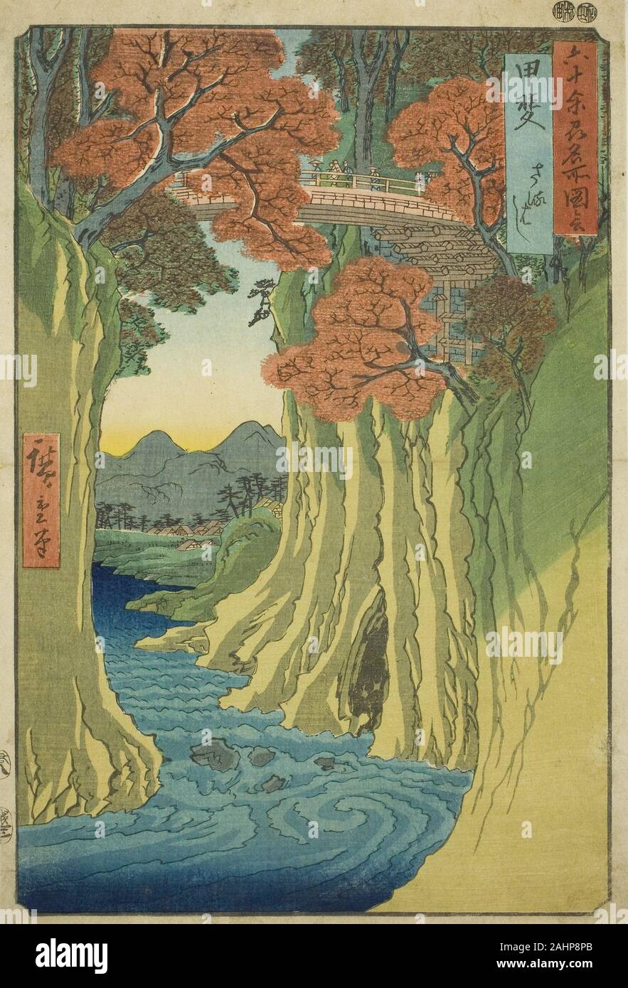 Utagawa Hiroshige. Kai Provincia ponte di scimmia (Kai, Saruhashi), dalla serie luoghi famosi in sessanta-odd province (Rokujuyoshu meisho zue). 1853-1856. Il Giappone. Colore stampa woodblock; oban Foto Stock