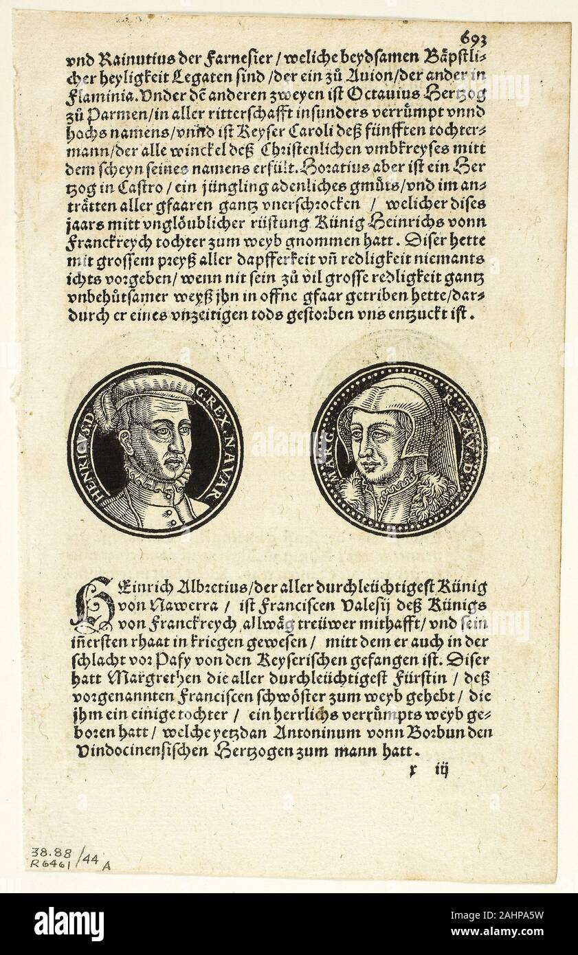 Hans Rudolf Manuel Deutsch. Medaglione ritratti di Henry e Margherita di Navarra (recto) e ritratti di Barbarossa e di Muleasem di Tunisi (verso) da Bildtnussen der Rhömischen Keyseren, piastra 44 da xilografie da libri del XVI secolo. 1558. La Svizzera. Silografia su carta Foto Stock