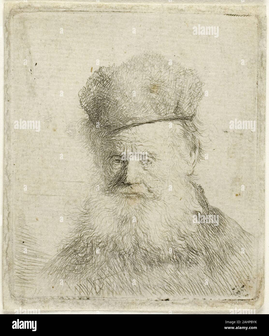 Rembrandt van Rijn. Busto di un vecchio uomo con un cappuccio di pelliccia e fluente barba, quasi pieno viso. 1626-1636. Holland. Incisione su carta Foto Stock