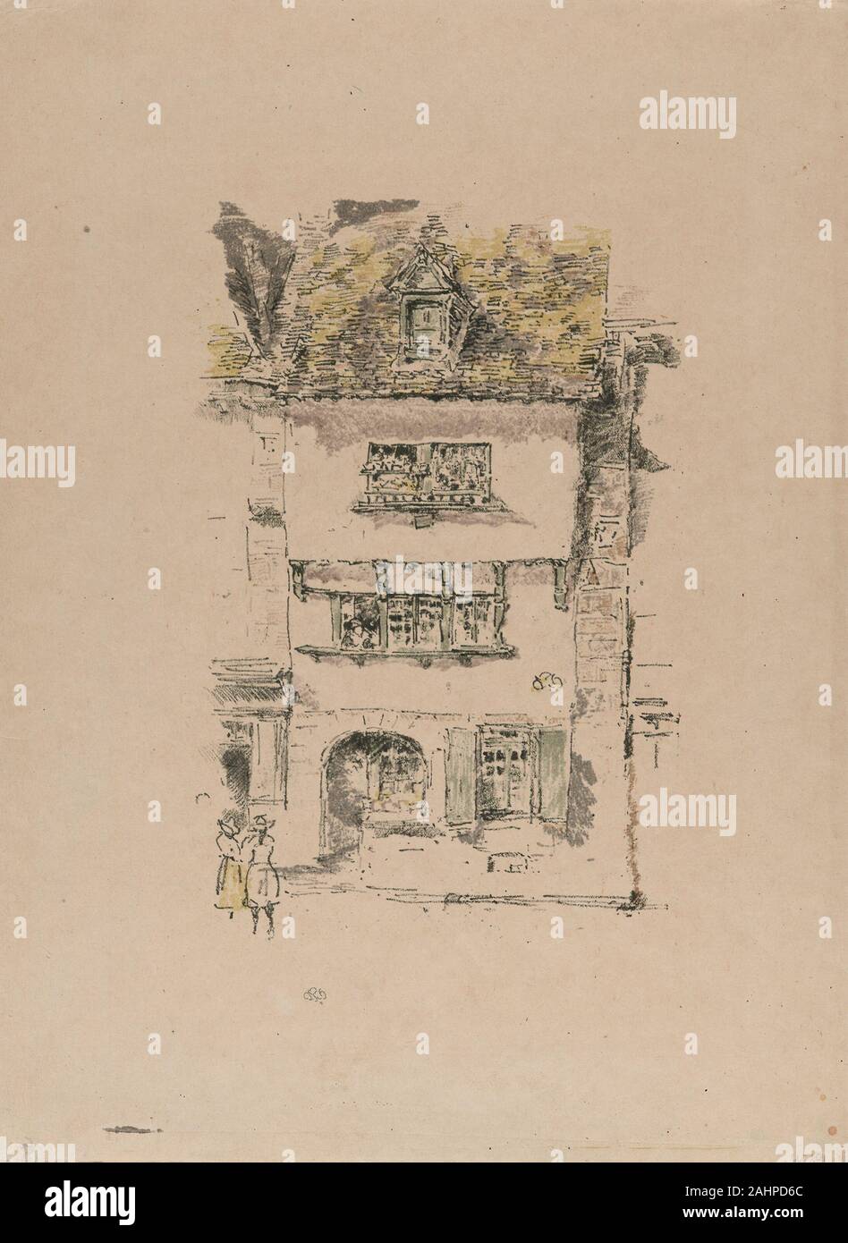 James McNeill Whistler. Casa Gialla, Lannion. 1893. Stati Uniti. Litografia di trasferimento da sei pietre, in nero (Keystone), Grigio verdastro, marrone, verde, giallo e grigio, con raschiatura, su carta velina tan giapponese vellum Foto Stock