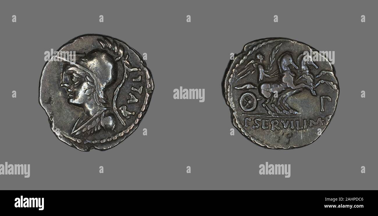 Antico romano. Denario (moneta) raffigurante la dea Minerva. 100 BC. Impero Romano. Argento Foto Stock