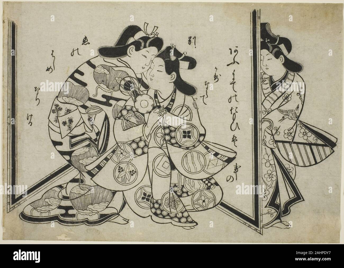 Sugimura Jihei. L'interruzione di un abbraccio. 1680-1690. Il Giappone. Colorate a mano woodblock stampa; oban, sumizuri-e Foto Stock