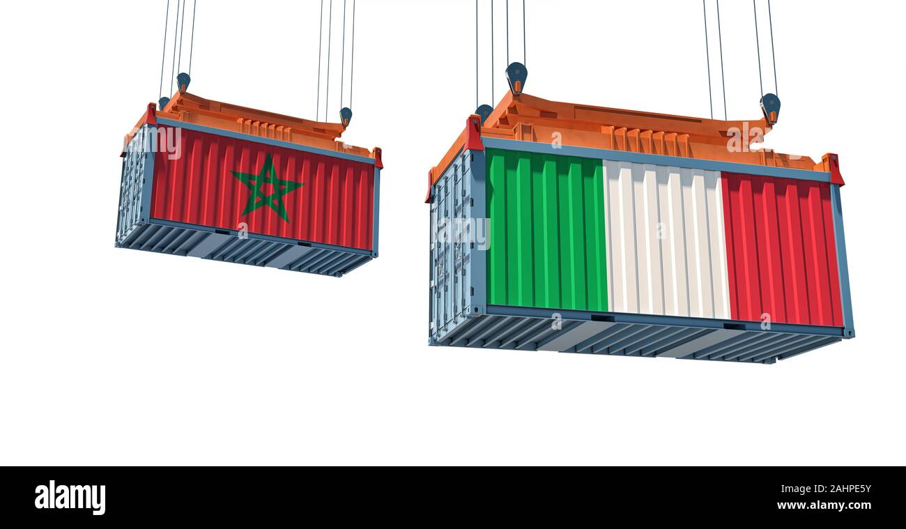 Contenitore per trasporto con il Marocco e Italia bandiera nazionale. Il rendering 3D Foto Stock