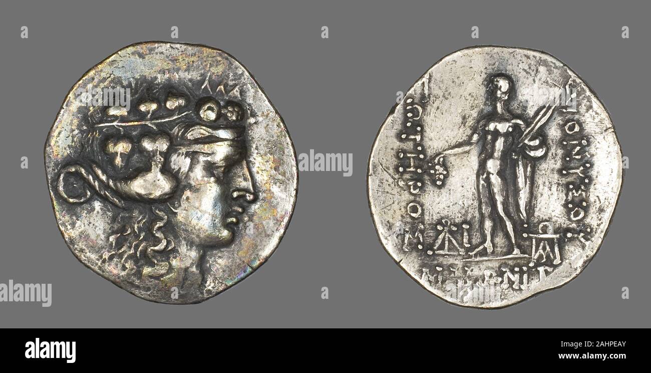 Il Greco antico. Tetradrachm (moneta) raffigurante il dio Dioniso. 146 BC. Impero Romano. Argento Foto Stock
