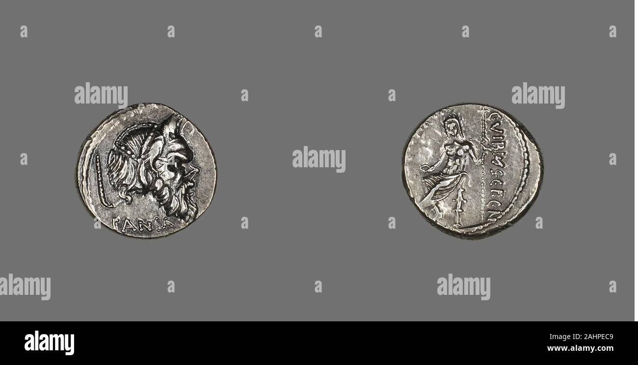 Antico romano. Denario (moneta) raffigurante maschera di Pan. 48 BC. Impero Romano. Argento Foto Stock