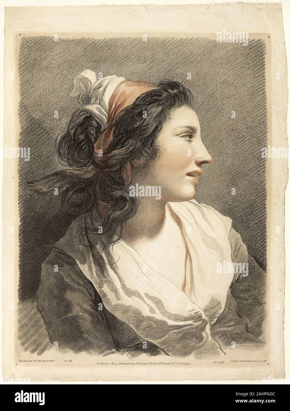 Gilles Antoine Demarteau, il giovane. Grande testa femminile. 1788. Le Fiandre. Crayon-modalità di attacco e di incisione in rosso e nero inchiostro da due piastre su avorio carta vergata Marie-Gabrielle Capet (1761-1818) è stato uno studente e discepolo di François André Vincent e Adélaïde Labille-Guiard, due artisti che più tardi sposò. Capet vissuta con i due al di fuori di Parigi, la gestione della loro casa e azienda Vincent nelle sue braccia quando morì nel 1816. Un ritratto idealizzato di disegno Capet, da Vincent è stata copiata in questo colore incisione di Gilles-Antoine Demarteau, che era parte di una dinastia parigino di incisore ornamentali Foto Stock