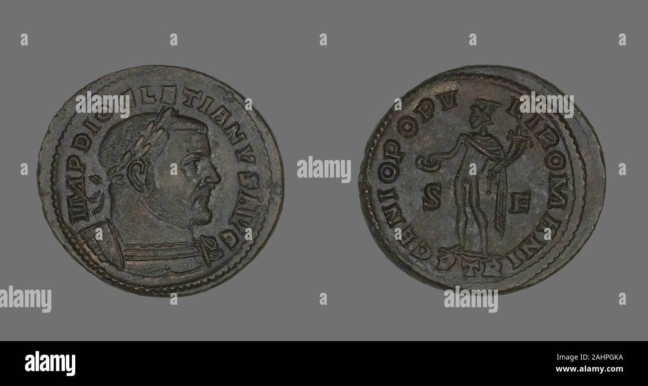 Antico romano. Moneta raffigurante l'imperatore Diocleziano. 303 AD-305 annuncio. Trier. Bronzo Foto Stock