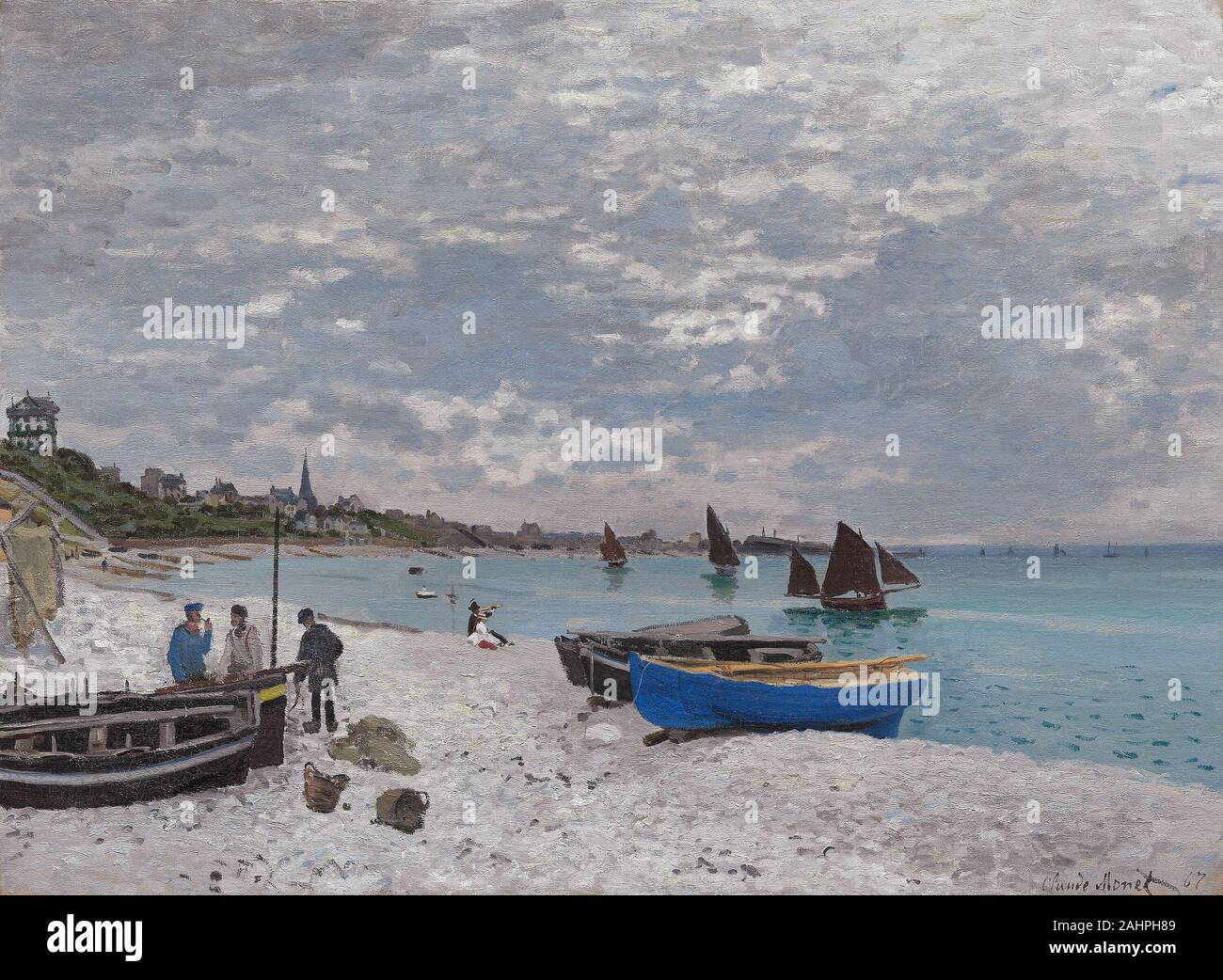 Claude Monet. La spiaggia di Sainte-Adresse. 1867. La Francia. Olio su tela in estate di 1867, Claude Monet alloggiato con la sua zia a Sainte-Adresse, un af?uent sobborgo della città portuale di Le Havre, vicino alla casa del padre. I dipinti da lui prodotta che l'estate, alcuni di cui sopravvivono, rivelano gli inizi del giovane artista lo sviluppo del stile rivoluzionario che sarebbe venuto a essere noto come Impressionismo. Nella sua ricerca per catturare gli effetti di spostamenti in condizioni meteo e di luce, Monet dipinse la spiaggia a Sainte-Adresse fuori di porte su un nuvoloso giorno. Dedica la maggior parte della composizione a th Foto Stock