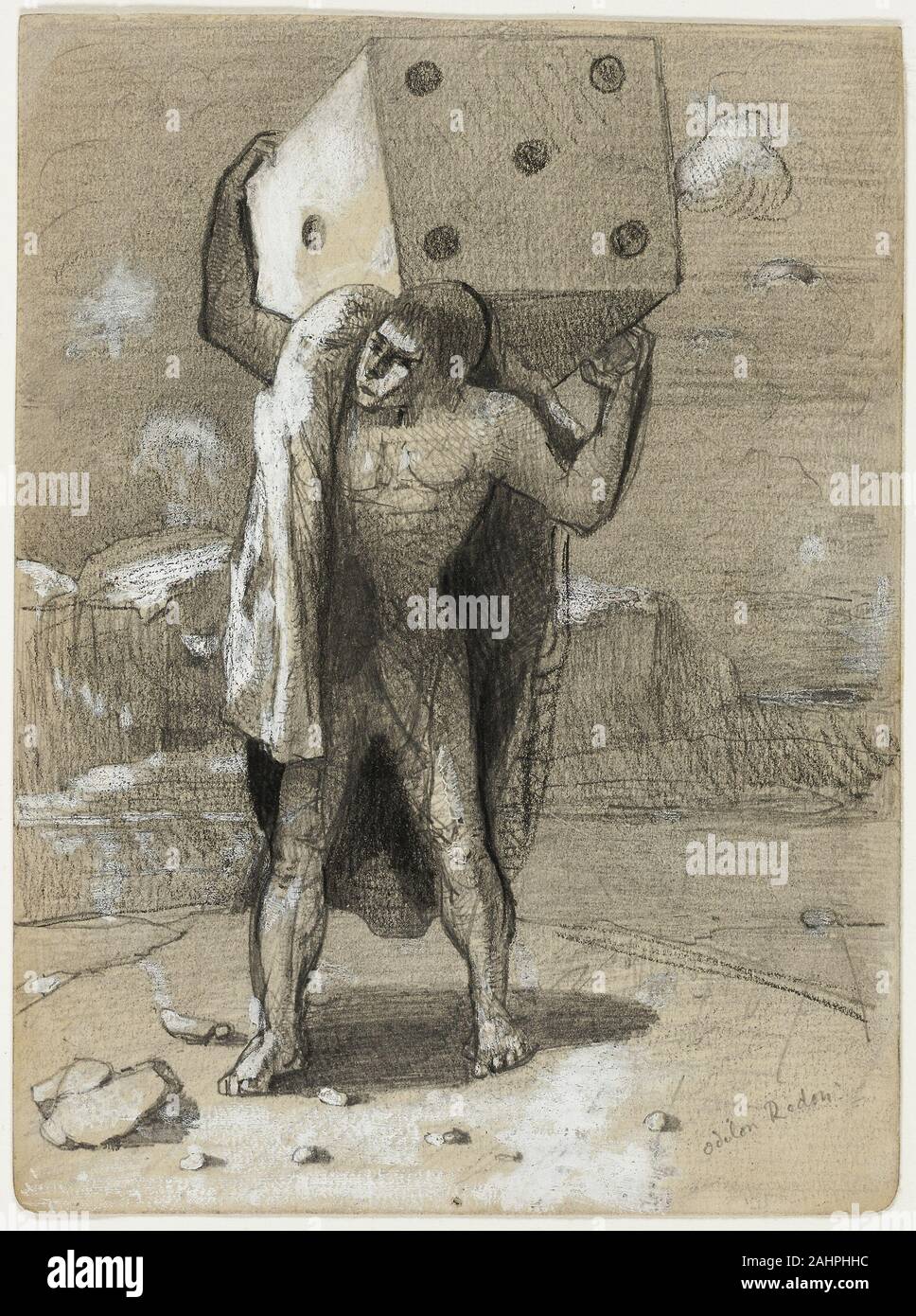 Odilon Redon. La Filiera, chiamato anche il peso delle passioni. 1867-1877. La Francia. La grafite con penna e inchiostro nero, intensificato con filo bianco (scolorito) crema su carta intessuta a questa pagina da un taccuino è strettamente correlata a Redon litografia del lettore, la piastra 5 nella sua 1879 album il sogno. Nel suo romanzo contro il grano (A Rebours) di 1884, Joris-Karl Huysmans descritto in una contemporanea disegno a carboncino che potrebbe essere stato ispirato da questa opera "Un enorme die dove una palpebra triste dover recedere." Foto Stock