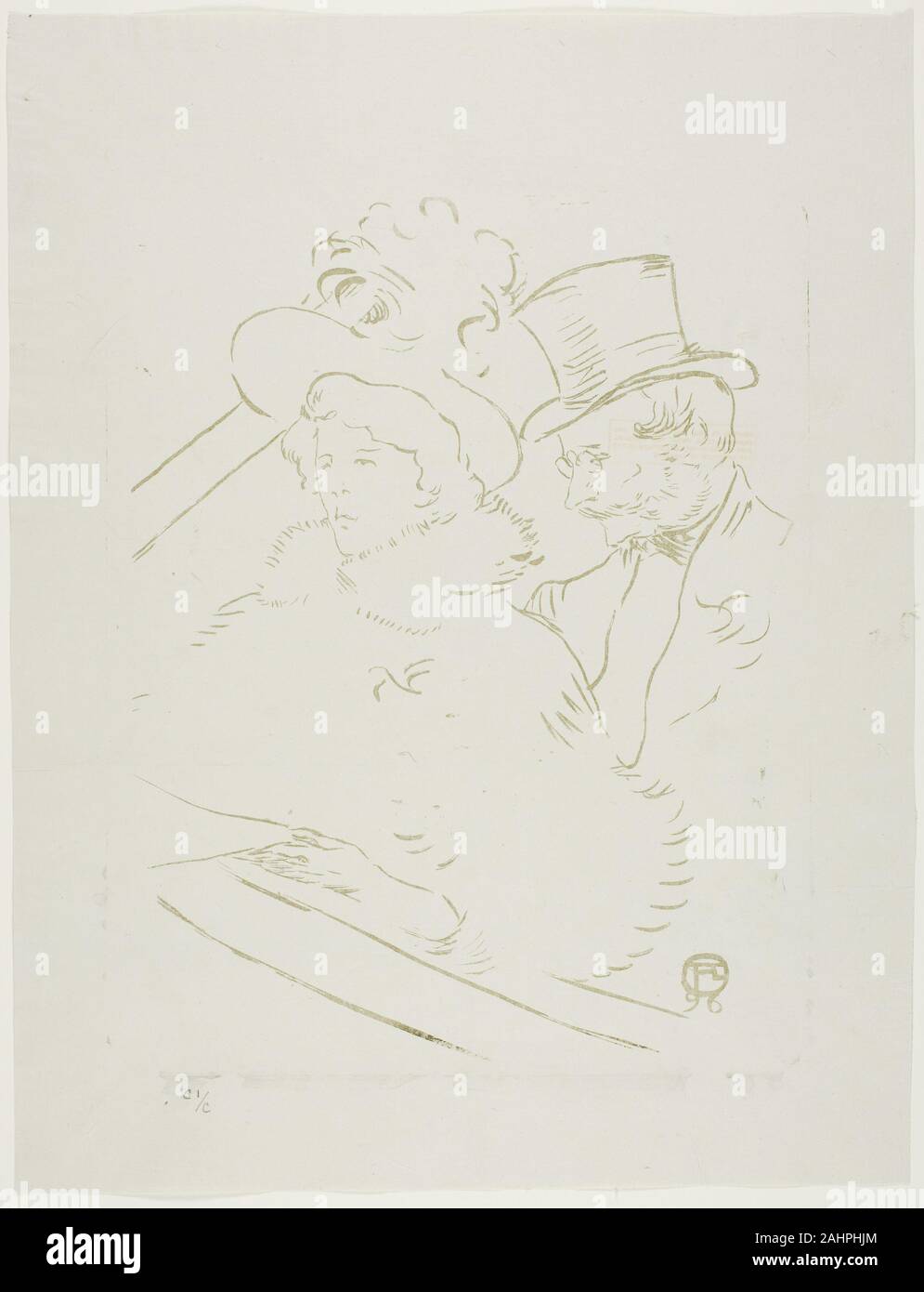 Henri de Toulouse-Lautrec. Al concerto. 1896. La Francia. Zincograph in bruno oliva-verde su grigio-avorio di cui chine Lautrec prodotta anche una serie di immagini impressionanti di pubblico identificabile membri mettersi in mostra nei loro loges o palchi. Questa apparentemente incompleta impressione proviene da una piastra di un zincograph multicolore. Esso mostra la improbabile l'associazione della cortigiana Emilienne d'Alençon con Lautrec cugino, il medico Gabriel Tapié de Céleyran presso il Cabaret des Décadents. Lastre di zinco sono tutti ora presso l'Art Institute of Chicago, dove questa impressione è stata pri Foto Stock