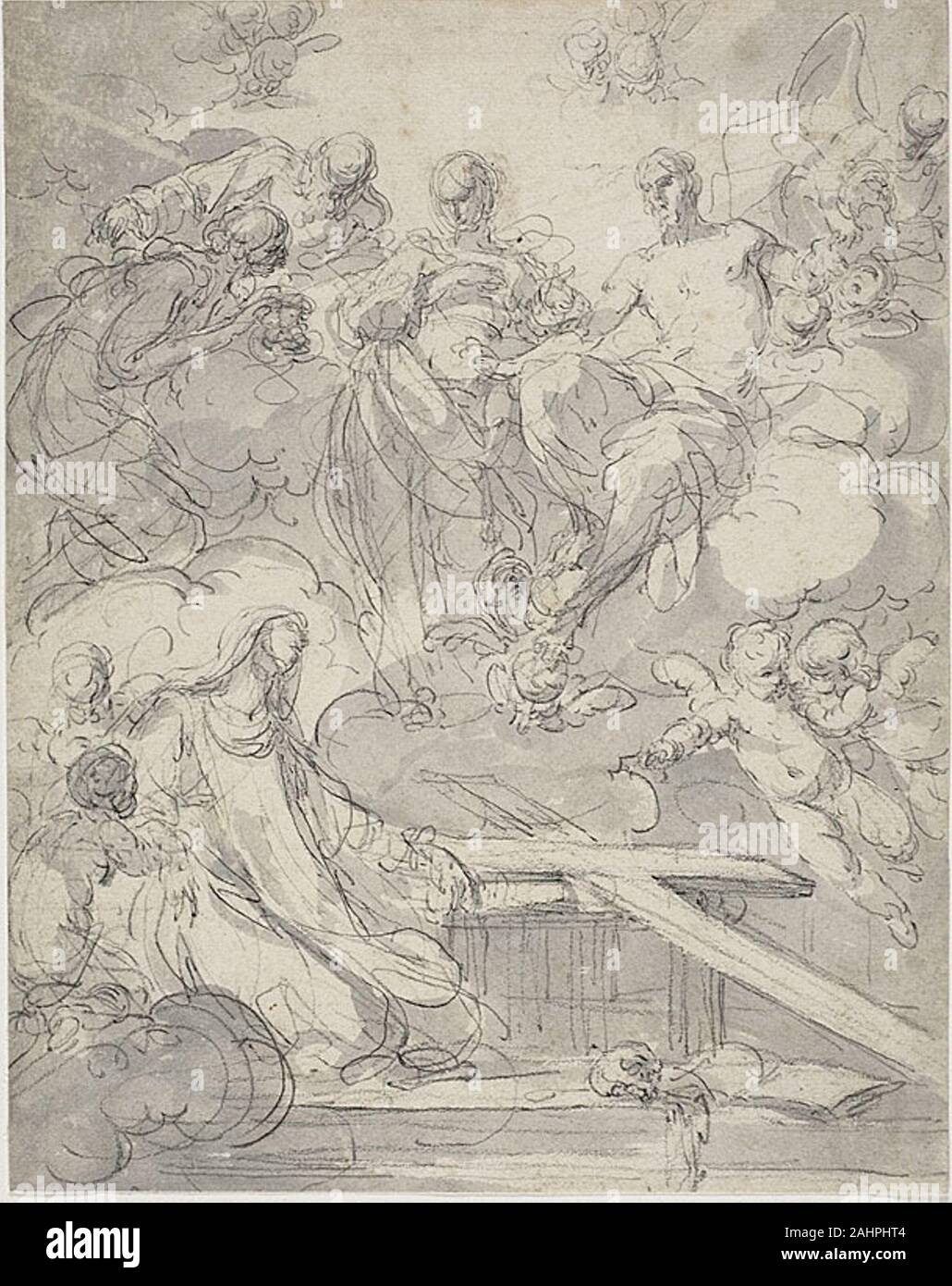 Giovanni Domenico Ferretti. Stigmatizzazione di Santa Maria Maddalena de' Pazzi. 1750-1760. L'Italia. Penna e inchiostro grigio e grigio lavare con gesso nero su bianco carta di cui Ferretti è stato il più eccellente pittore di Firenze durante la prima metà del XVIII secolo. Istruiti e a Bologna, divenne uno dei più prolifici affresco Pittori in Toscana. Questo studio per la chiesa di Santa Maria Maddalena de' Pazzi, con i suoi tratti di fluido e delicati lavaggi che evocano in modo convincente in plastica forme angelico, rivela Ferretti posto nella tradizione del grande fiorentino relatori per parere. Foto Stock