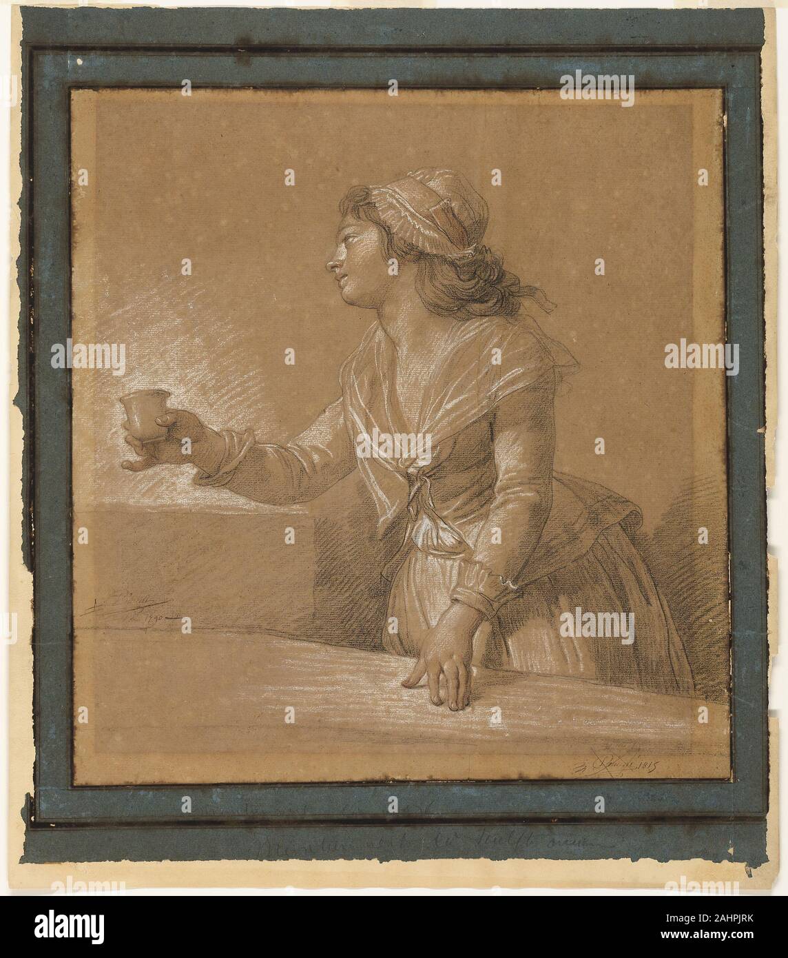 François-Andre Vincent. Ritratto di Marie-Gabrielle Capet. 1790. La Francia. In bianco e nero i gessi, con tocchi di rosso chalk, su tan carta vergata, fissate sulla crema carta intessuta, con margini in blu di cui carta e penna e ferro gall di inchiostro quando François André Vincent ha reso questo accattivante ritratto di Marie-Gabrielle Capet nel 1790, era appena stato nominato professore presso la Royal Academy e curatore del re la raccolta di disegni. Capet è venuto da Lione a Parigi per studiare con la vita di Vincent-lungo compagno, il ritrattista e miniatore Adélaïde Labille-Guiard. Capet divenne il suo alunno prediletto, allora t Foto Stock