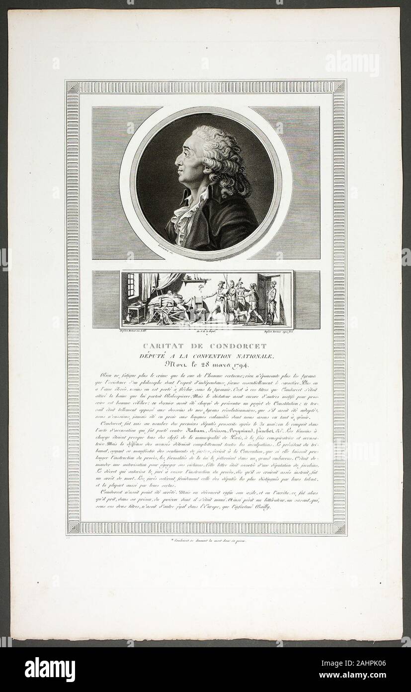 Levachez père et fils. Caritat de Condorcet, deputato alla convenzione nazionale, da tableaux historiques de la Révolution Française. 1798-1804. La Francia. La puntasecca e l'attacco, con incisione su avorio carta intessuta Foto Stock