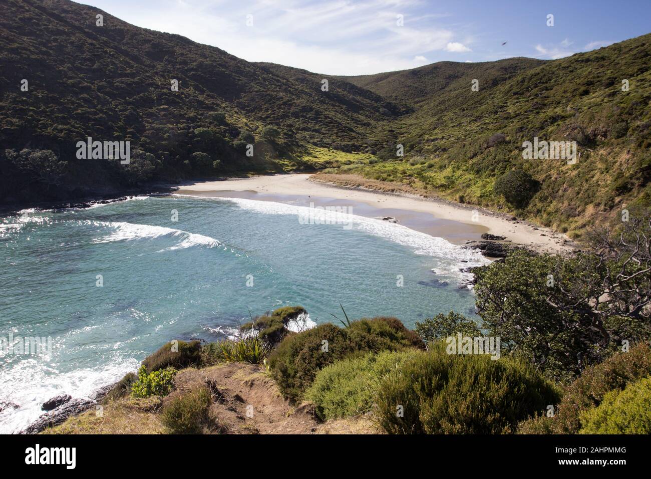 Una veduta aerea di Sandy Bay da Te Paki via litoranea, Cape Reinga, Northland e Nuova Zelanda. Foto Stock