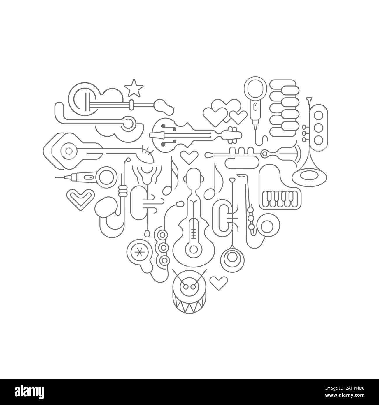 Linea grigia scura arte isolate su uno sfondo bianco Cuore musicale illustrazione vettoriale. Forma di cuore design con strumenti musicali. Ogni elemento sono su un Illustrazione Vettoriale