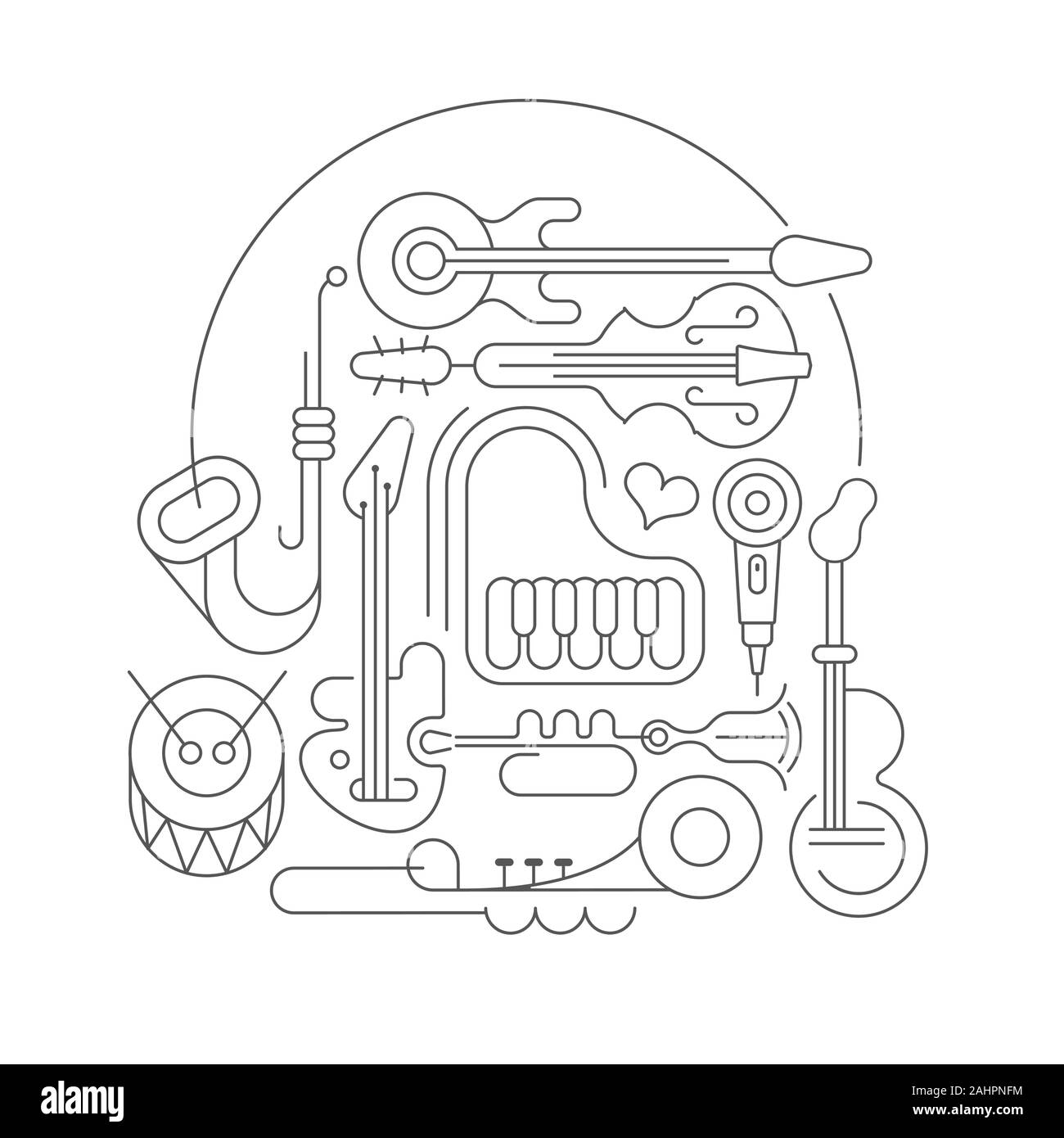 La Gray Line arte isolate su uno sfondo bianco Music Design illustrazione vettoriale. Linea astratta arte composizione con diversi strumenti musicali. Illustrazione Vettoriale