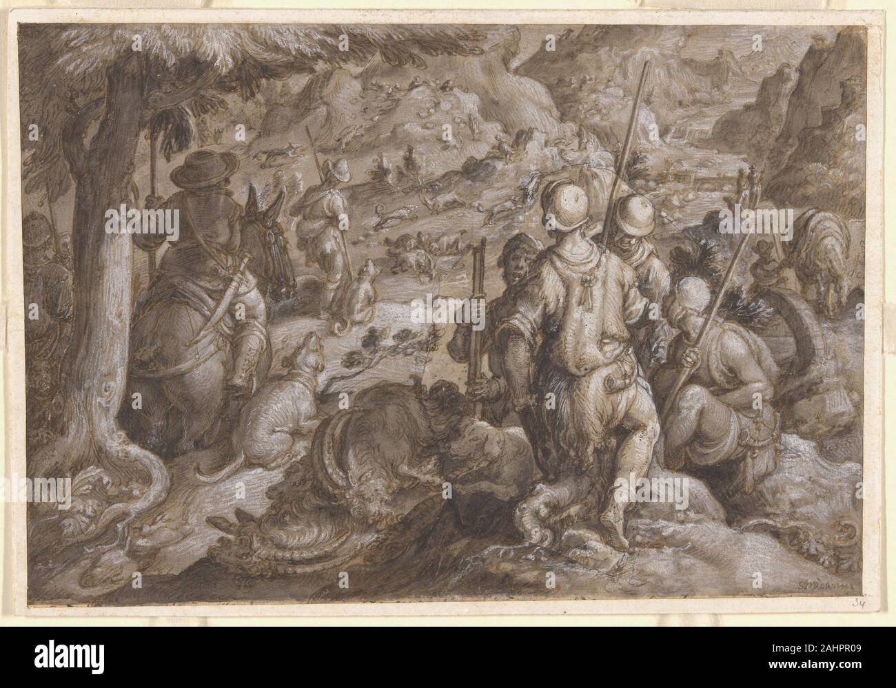 Jan van der Straet. Gli uomini la caccia stambecchi con Hounds. 1578. Le Fiandre. Penna e inchiostro bruno, spazzola e lavaggio marrone e bianco opaco, acquerello su gesso nero, su perforato la crema di cui carta, incisi per trasferimento, fissate sulla crema di latte di cui la carta Foto Stock