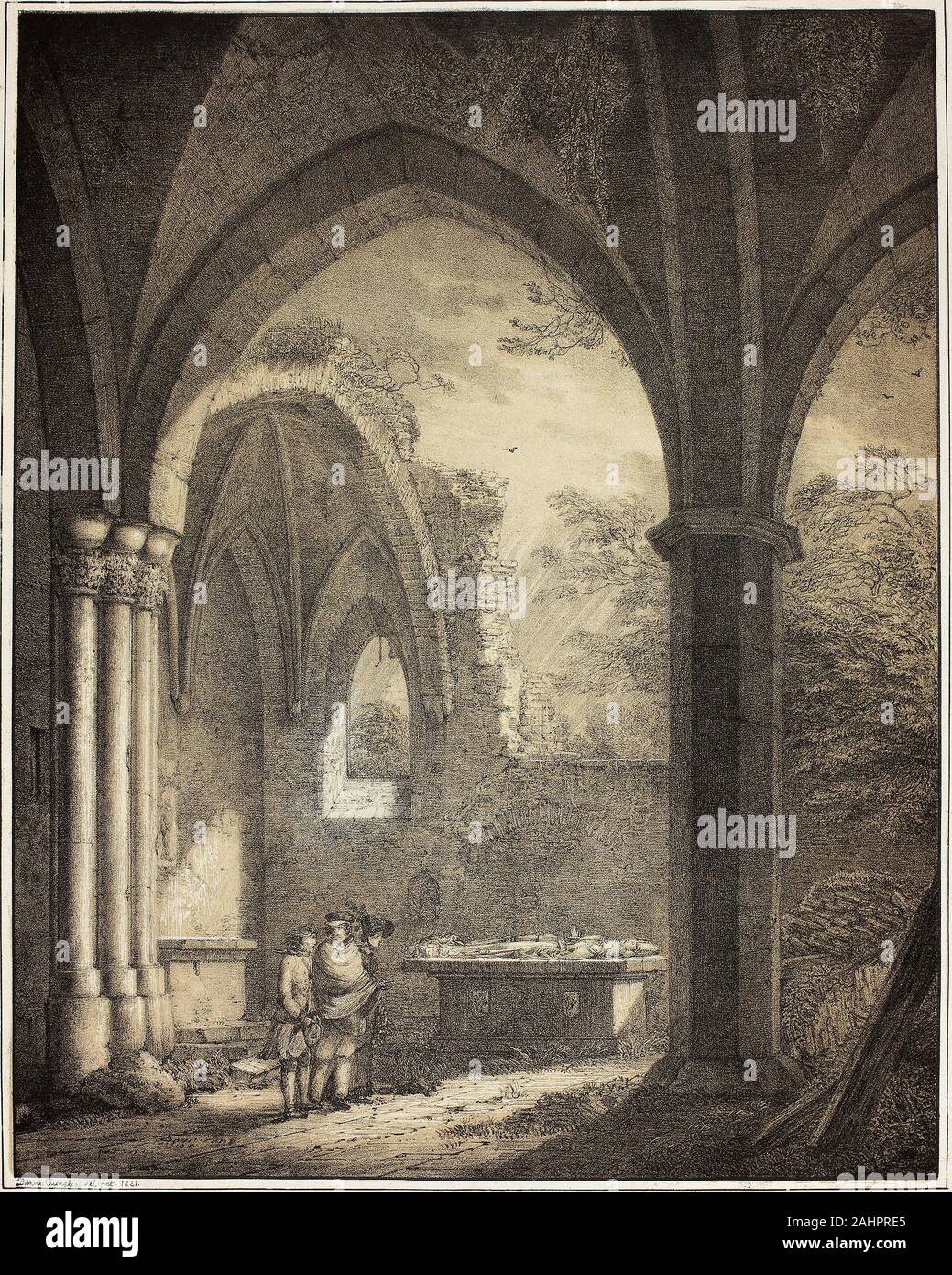 Domenico Quaglio. La rovina della chiesa di Nostra Signora con le lapidi di Genevieve e il conte palatino Siegfried nella Valle della Mosella vicino Andernach, dalla collezione di memorabili edifici medievali in Germania. 1821. Germania. Litografia in nero con tonalità beige-stone su avorio carta intessuta parte di un grande artista italiano familiare recentemente risolta a Monaco di Baviera, Domenico Quaglio era attivo in Germania per la sua intera carriera. Come il suo padre, inizialmente ha reso la sua vita come un teatro scenario pittore di corte di Monaco di Baviera, e fu anche nominato pittore di corte per scenario architettonico di età 21. Lasciare Monaco di Baviera Foto Stock