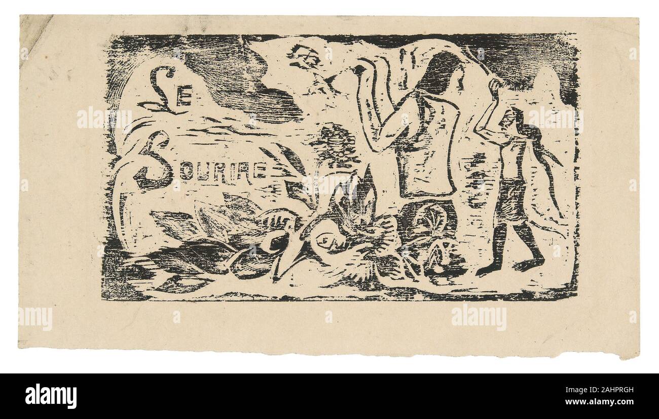 Paul Gauguin. Tahitiani, fiori e foglie, testata per Le Sourire. 1899-1900. La Francia. Legno-blocco di stampa a inchiostro nero sulla crema carta intessuta Foto Stock