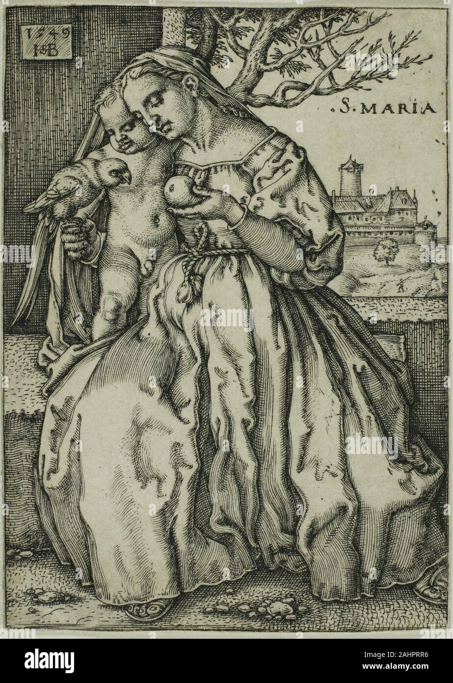Hans Sebald Beham. La Vergine e il bambino con il pappagallo. 1549. Germania. Incisione in nero su avorio di cui la carta Foto Stock