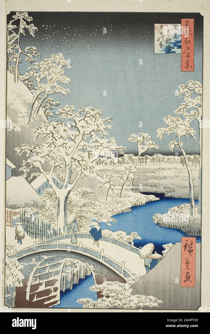 Utagawa Hiroshige. Ponte del tamburo e Yuhi Hill a Meguro (Meguro Taikobashi Yuhi-no-oka), dalla serie di un centinaio di famose vedute di Edo (Meisho Edo hyakkei). 1857. Il Giappone. Colore stampa woodblock; oban Foto Stock