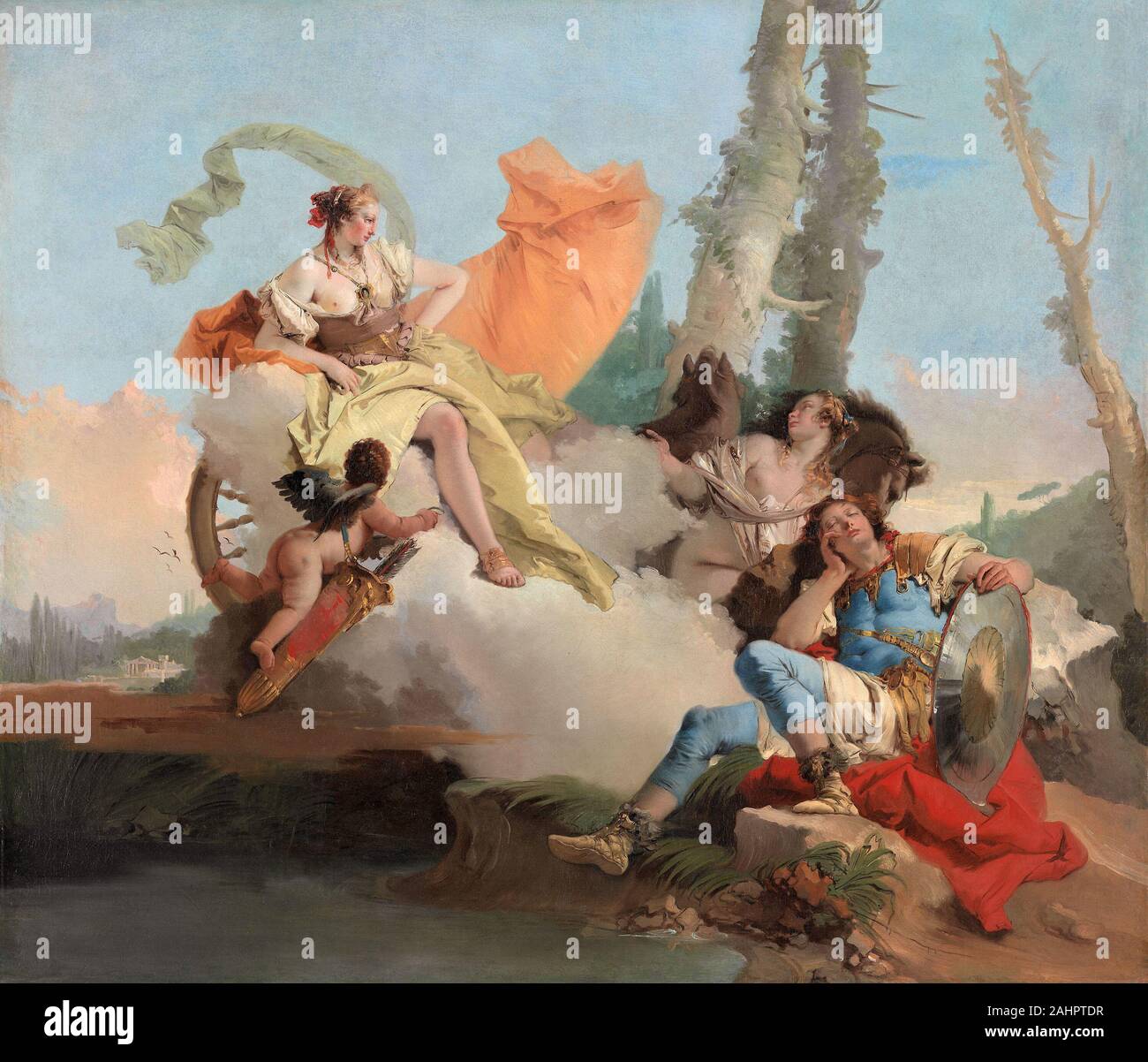 Giambattista Tiepolo. Armida incontra il dormire Rinaldo. 1742-1745. L'Italia. Olio su tela di Giovanni Battista Tiepolo la monumentale soffitto e decorazioni a parete personificano la brillante esuberanza di stile tardo barocco. Tiepolo goduto di una carriera internazionale ed è stato chiamato a utilizzare la sua padronanza della luce, il colore e l'illusione di trasformare i palazzi e monasteri nella sua nativa Venezia e altrove in Italia così come in Germania e in Spagna. Questo dipinto e altri tre all'Istituto d'Arte, insieme con i più piccoli pannelli decorativi e un soffitto dipinto, una volta graced il gabinetto di specchi, Foto Stock