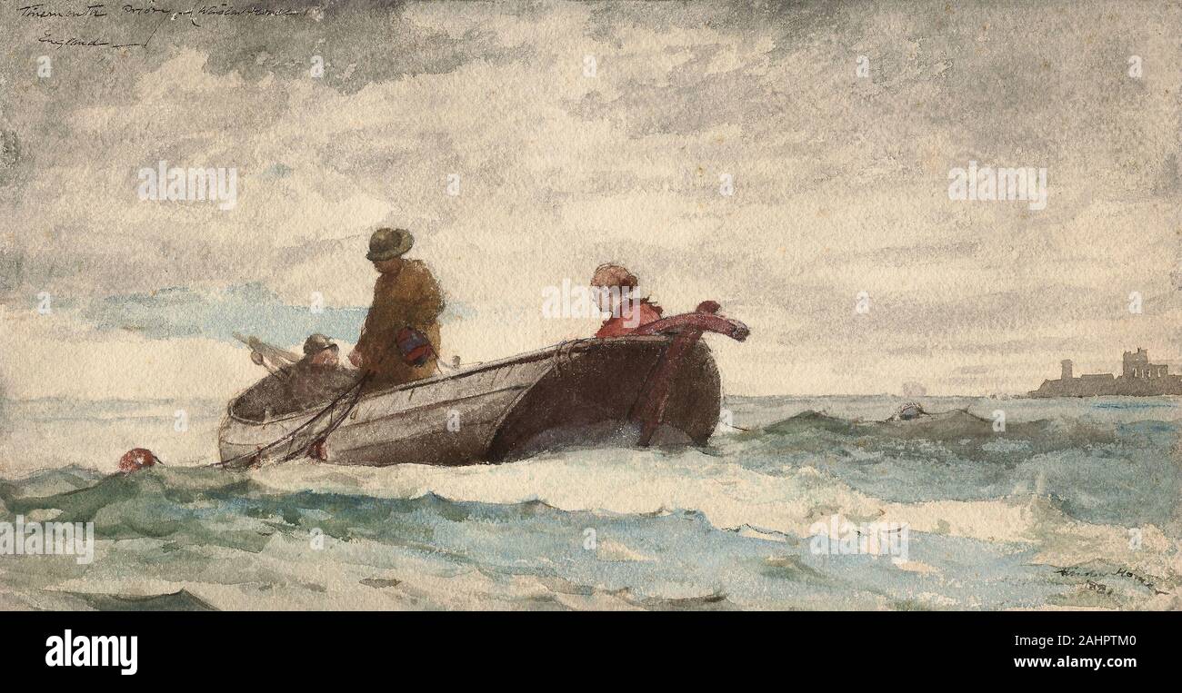 Winslow Homer. Priorato di Tynemouth, Inghilterra. 1881. Stati Uniti. Acquerello trasparente, con tracce di acquerello opaco, rewetting, blotting e tocchi di raschiatura, oltre la grafite, sulla spessa e ruvida, crema carta intessuta (parte superiore e inferiore di bordi rifilati) durante il suo soggiorno 1881-82 in Inghilterra, Omero si stabilirono nel piccolo villaggio di pescatori di Cullercoats. Egli ha spesso rappresentato pescatori nel villaggio e nelle zone limitrofe, come nel priorato di Tynemouth, in Inghilterra, in cui una donna e due pescatori occupano un coble che è flottante in increspato le acque al largo e un pescatore che indossa ingranaggio giallo è occupato alaggio Foto Stock