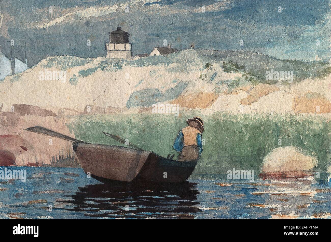 Winslow Homer. Ragazzo in barca, Gloucester. 1880-1881. Stati Uniti. Acquerello trasparente, con tocchi di acquerello opaco e raschiatura, oltre la grafite, su moderatamente spessa e ruvida, avorio carta intessuta Homer ha iniziato ragazzo in barca, Gloucester mentre soggiornate presso il faro su dieci Pound isola nel porto della città di pescatori di Gloucester, Massachusetts. Durante il suo tempo in Gloucester, l'artista frequentemente raffigurato ragazzi locali giocando su barche, pesca e in attesa per i loro padri per tornare dal mare. In questo acquerello ha iniziato a sperimentare con la raschiatura, rivelando il bianco della carta Foto Stock