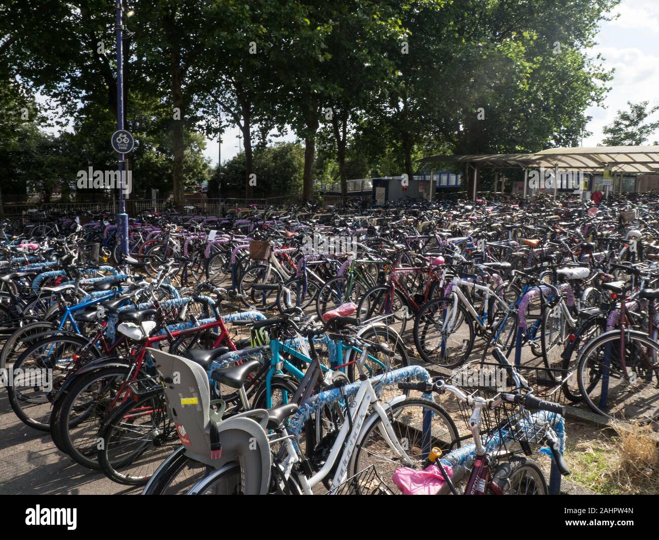 Parcheggio per biciclette in una stazione ferroviaria, molte biciclette sono parcheggiate. Foto Stock