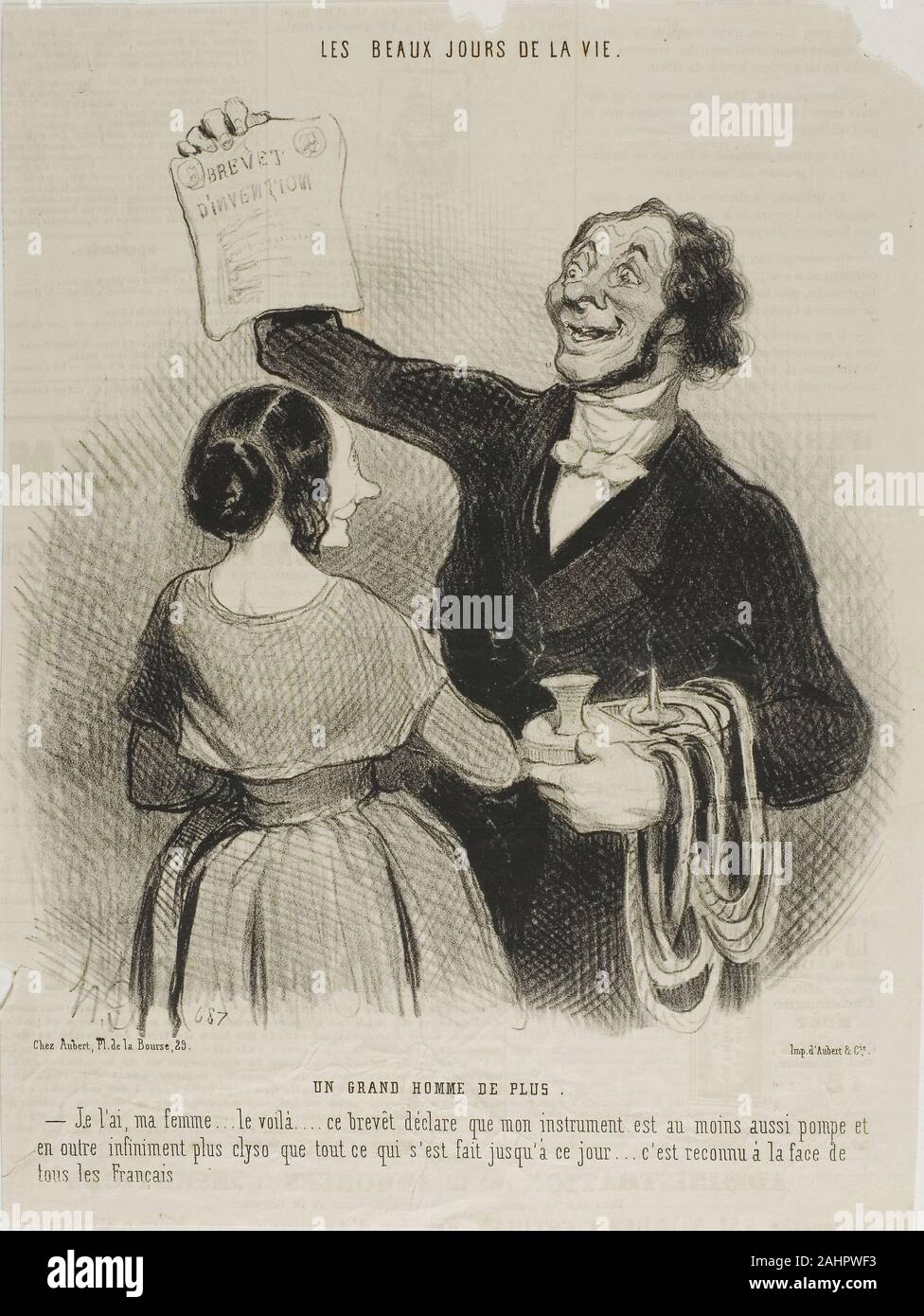 Daumier Honoré-Victorin. Un altro grande uomo. "L'ho nella mia mano, miei cari... qui è in scrittura.... questo documento conferma che la mia invenzione è un ben pompato e infinitamente più clysterized macchina rispetto a qualcosa di inventato finora... tutti i francesi devono accettare che," la piastra 36 da Les beaux jours de la Vie. 1844. La Francia. Litografia in nero su carta velina avorio della carta con la stampa tipografica verso Foto Stock