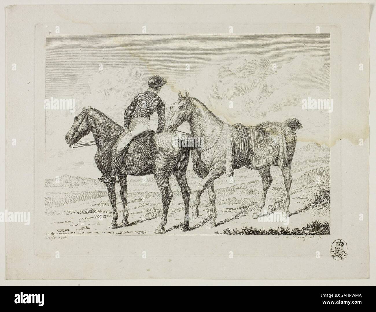 Johann Adolph Darnstedt. Scuola di equitazione e cavalli. 1806. Germania. Incisione su avorio carta intessuta Foto Stock