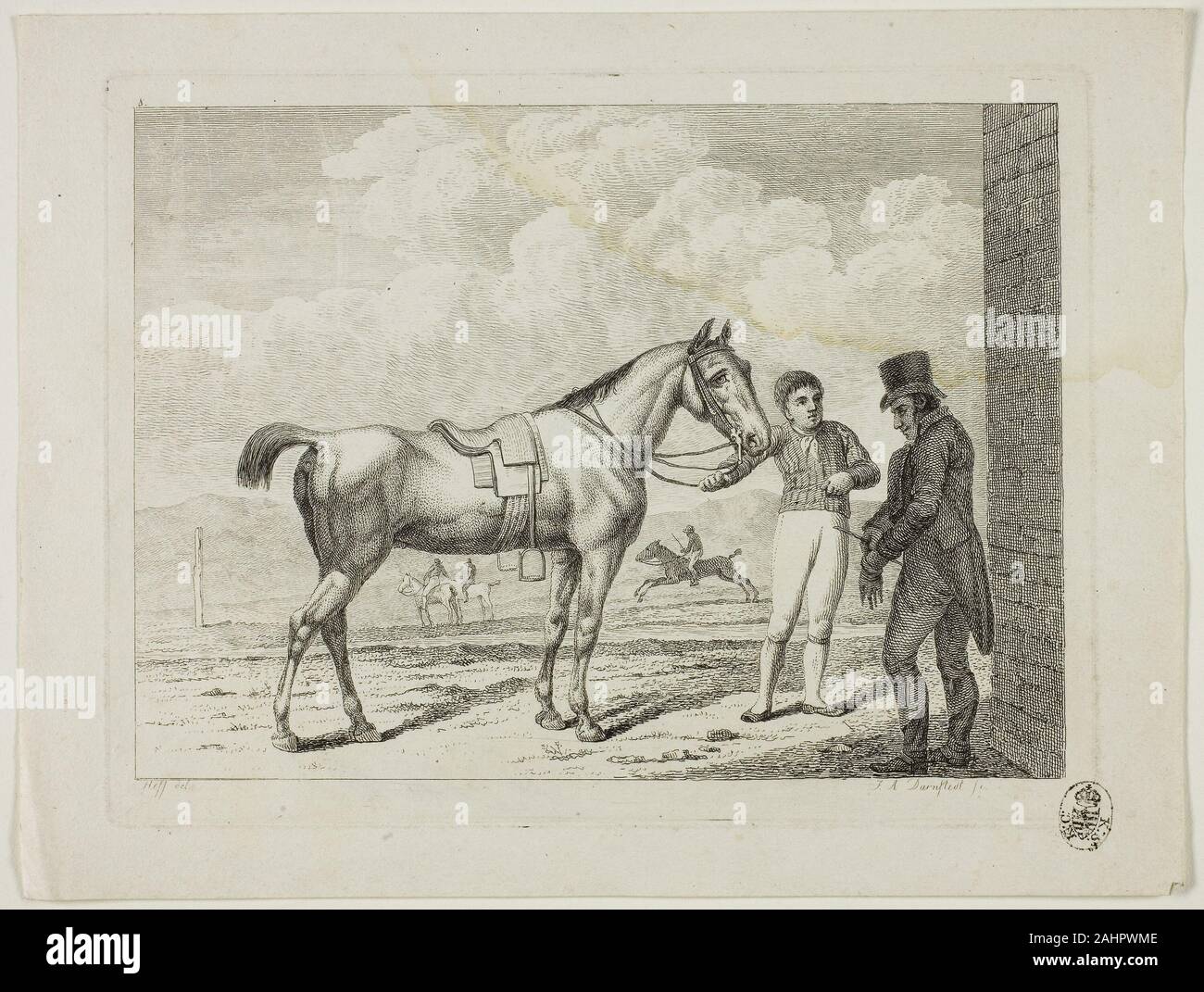 Johann Adolph Darnstedt. Scuola di equitazione e cavalli. 1806. Germania. Incisione su avorio carta intessuta Foto Stock