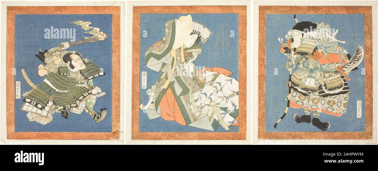 Utagawa Kunisada I (Toyokuni III). Bando Mitsugoro III come Minamoto no Yorimasa (a destra), Segawa Kikunojo V come Ayame no Mae (centro), e Ichikawa Danjuro VII come non ho Hayata (sinistra). 1817-1827. Il Giappone. Color woodblock stampe; shikishiban trittico, surimono Foto Stock