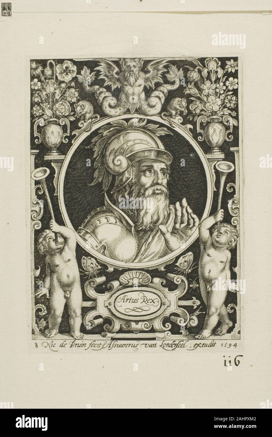 Nicolaes De Bruyn. King Arthur, piastra 8 da nove dignitari. 1594. Le Fiandre. Incisione in bianco e nero in crema di latte di cui la carta Foto Stock