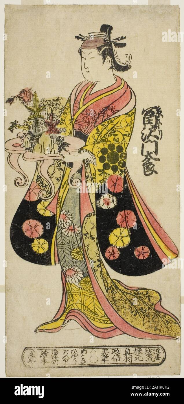 Okumura Masanobu. L'attore Tomizawa Montaro ho come Miyako no Mae nel gioco Izu Genji Horai Yakata, eseguita presso il Teatro Ichimura nell'undicesimo mese, 1736. 1736. Il Giappone. Colorate a mano woodblock stampa; hosoban, urushi-e Foto Stock