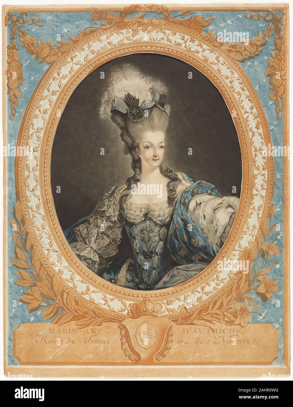 Jean François Janinet. Maria Antonietta. 1777. La Francia. Incisione Incisione e stampato su due fogli come segue ovale ritratto nel modo di lavaggio sul foglio intero in giallo, blu, rosso e nero da quattro piastre; cornice decorativa ritagliata nel centro, in blu e arancione da due piastre molto probabilmente questa rara stampa mai apparso in una grande edizione non solo a causa della complicata procedura coinvolta nella sua realizzazione, ma anche perché il processo è stato illegalmente presi in prestito da Jacques Fabien Gautier Dagoty, che hanno ricevuto una licenza reale per la tecnica. Foto Stock