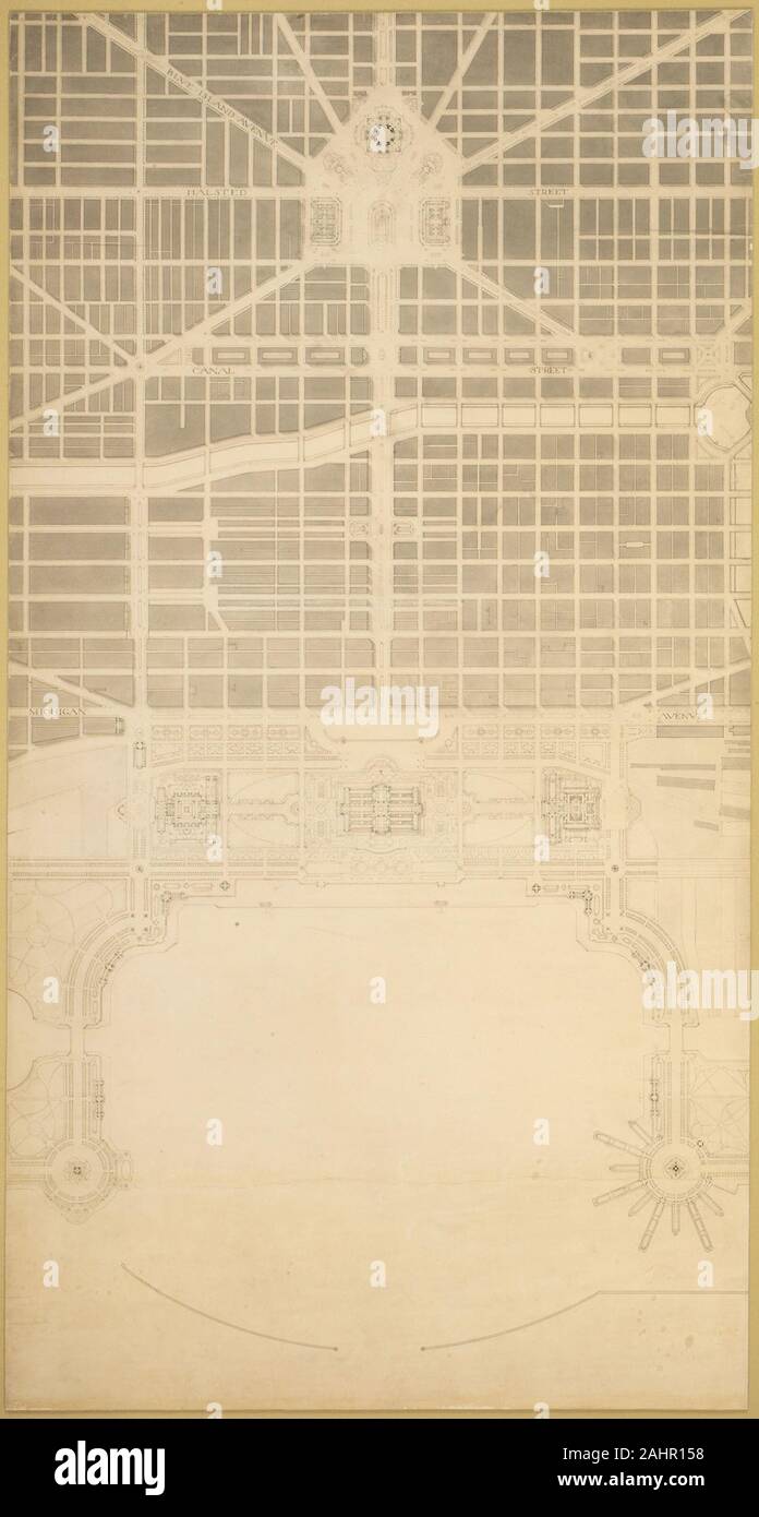 Daniel Hudson Burnham (architetto). La piastra 129 dal piano di Chicago, 1909 Chicago. Il centro degli affari della città, all'interno del primo circuito Boulevard, che illustra la proposta di Grand Oriente e Occidente asse e la sua relazione al Grant Park e il porto per yacht; i terminali ferroviari regimi sui lati sud ed ovest e il centro civico. 1909. Chicago. Grafite, inchiostro, e lavare sulla carta Foto Stock