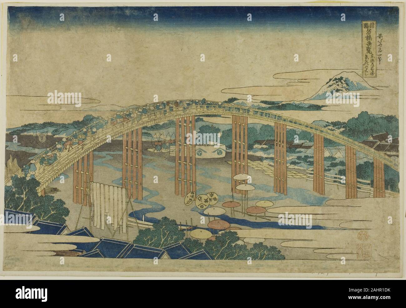Katsushika Hokusai. Ponte Yahagi in Okazaki sulla Tokaido (Tokaido Okazaki Yahagi no hashi), dalla serie "Vedute insolite di famosi ponti in varie province (Shokoku meikyo kiran)". 1828-1839. Il Giappone. Colore stampa woodblock; oban Foto Stock