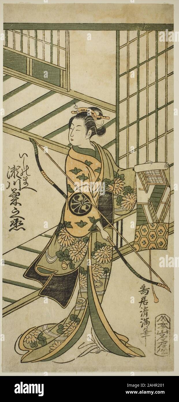 Torii Kiyomitsu I. L'attore Segawa Kikunojo II come Ishi no Mae nel gioco Hoshi Aikotoba Higashiyama no Sakae eseguita presso il Teatro Ichimura nel nono mese, 1763. 1763. Il Giappone. Colore stampa woodblock; hosoban, benizuri-e Foto Stock