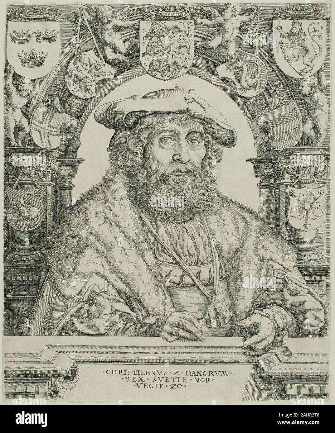 Giacobbe Binck. Il Re Cristiano II di Danimarca. 1524-1535. Germania. Incisione in nero su avorio carta vergata Re Cristiano II di Danimarca ha guadagnato il suo titolo per il fatto di essere eletto dalla nobiltà, anziché ereditare. Quando ritornò in Danimarca da una visita ai Paesi Bassi pieni di idee di reforming, la sua popolarità crollati, e nel 1523 fu deposto ed esiliato. Giacobbe Binck prodotte diverse stampe raffiguranti questa controversa figura, utilizzando disegni dell'artista fiammingo Jan Gossaert. Questa probabilmente è stata prodotta dopo la sinistra cristiana la Danimarca. Sebbene egli, e poi i suoi figli, ha cercato di recuperare th Foto Stock