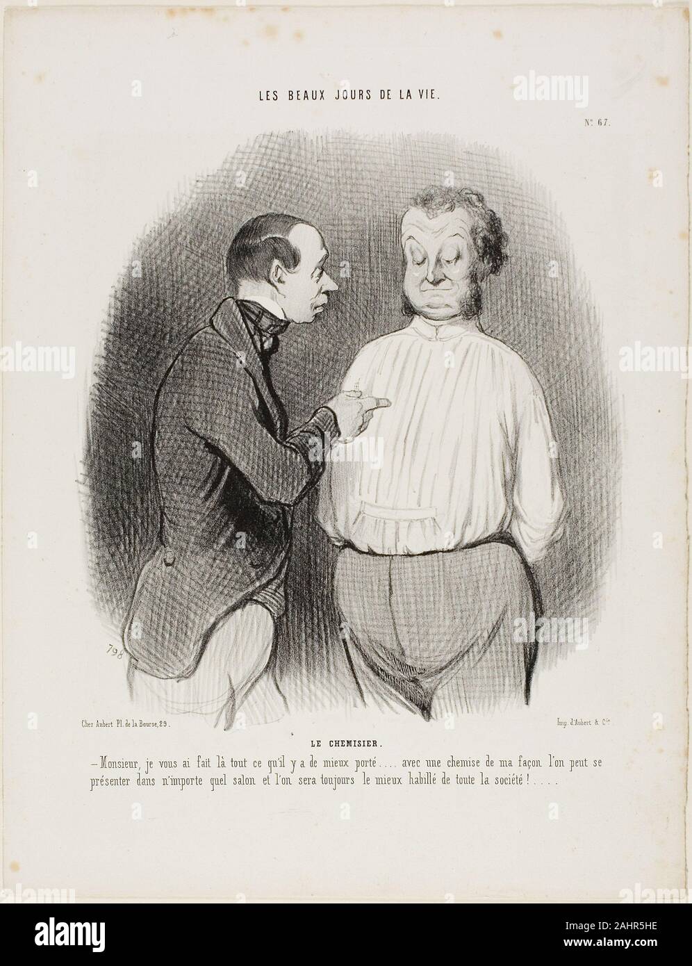 Daumier Honoré-Victorin. La shirt maker. "Sir, ho qui su misura per voi il meglio di quello che è attualmente disponibile..... con una camicia di mio facendo uno può presentarsi in non importa quale salone e uno sarà sempre il miglior vestito uomo del partito", piastra 67 da Les beaux jours de la Vie. 1845. La Francia. Litografia in nero su bianco carta intessuta Foto Stock