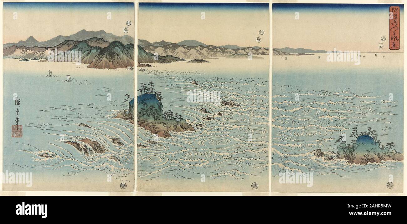 Utagawa Hiroshige. Gli idromassaggi in stretto di Naruto, Awa provincia (Awa Naruto no fukei). 1857. Il Giappone. Color woodblock stampe; oban trittico Foto Stock