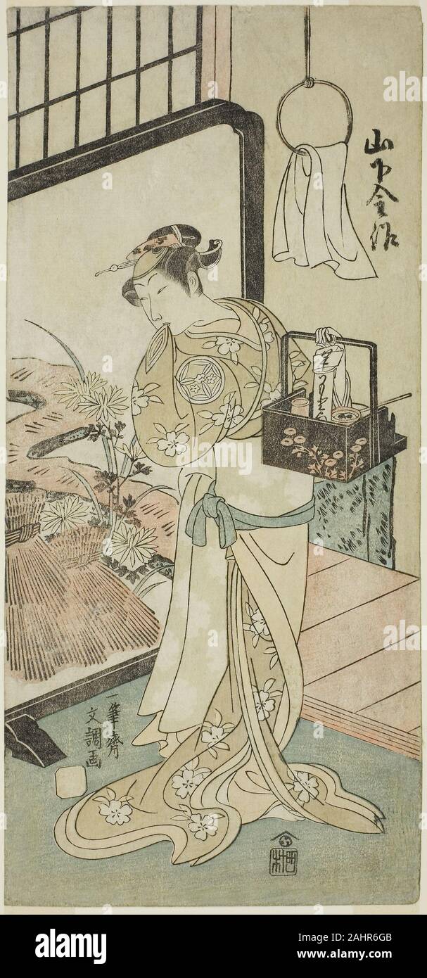 Ippitsusai Buncho. L'attore Yamashita Kinsaku II come Oume, moglie di Kisaku, nel gioco Nue no Mori Ichiyo no Mato, ha eseguito il teatro Nakamura nell'undicesimo mese, 1770. 1765-1775. Il Giappone. Colore stampa woodblock; hosoban Foto Stock