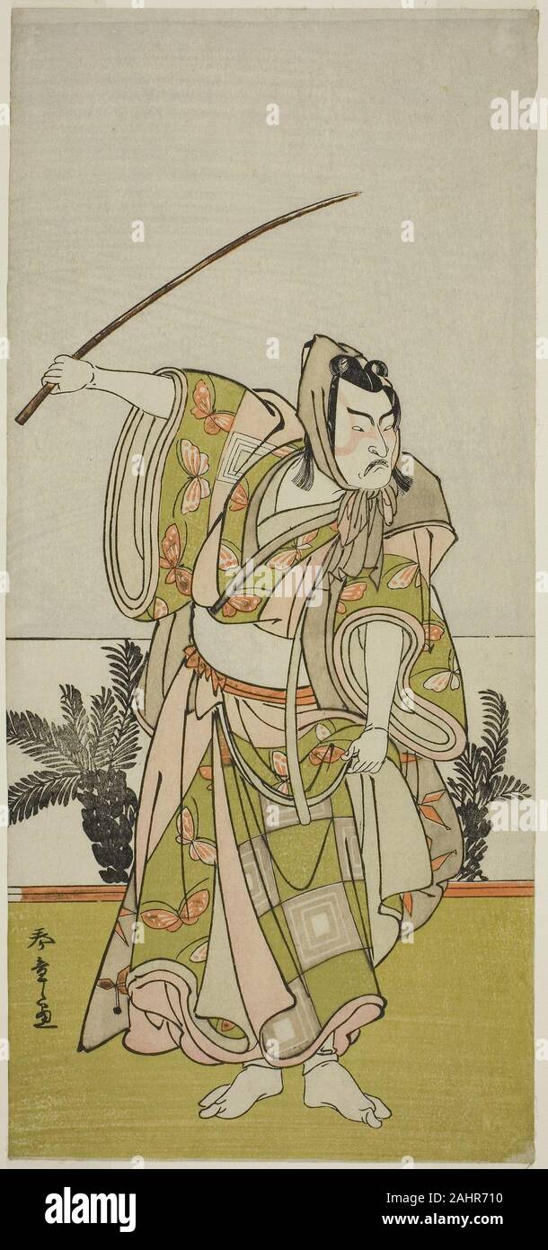 Katsukawa Shunsho. L'attore Ichikawa Danzo IV come Soga no Goro Tokimune nel gioco Chigo Suzuri Aoyagi Soga, eseguita presso il Teatro Nakamura nel primo mese, 1777. 1772-1782. Il Giappone. Colore stampa woodblock; hosoban; lamiera sinistra del trittico Foto Stock