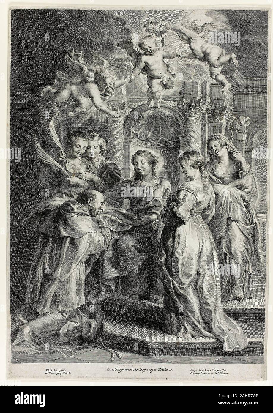 Hans Witdoeck. San Ildefonso davanti alla Vergine. 1638. Le Fiandre. Incisione in nero su avorio di cui la carta Foto Stock