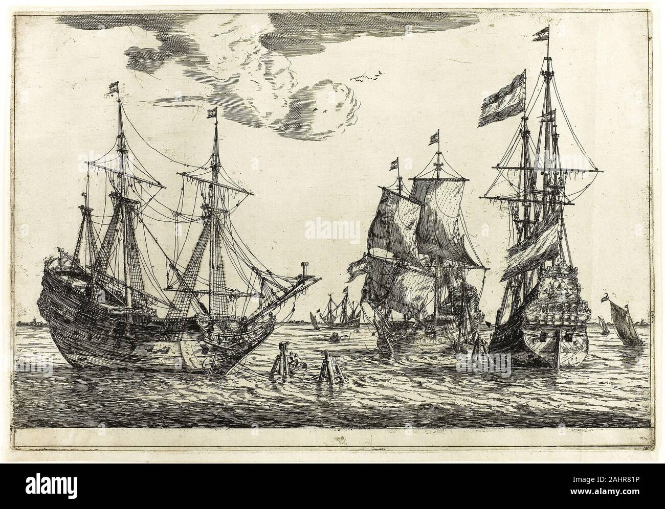 Reinier Zeeman (Reinier Nooms). Tre ormeggiate imbarcazioni a vela da tredici scene navale. 1650-1664. Holland. Incisione su avorio di cui la carta Foto Stock