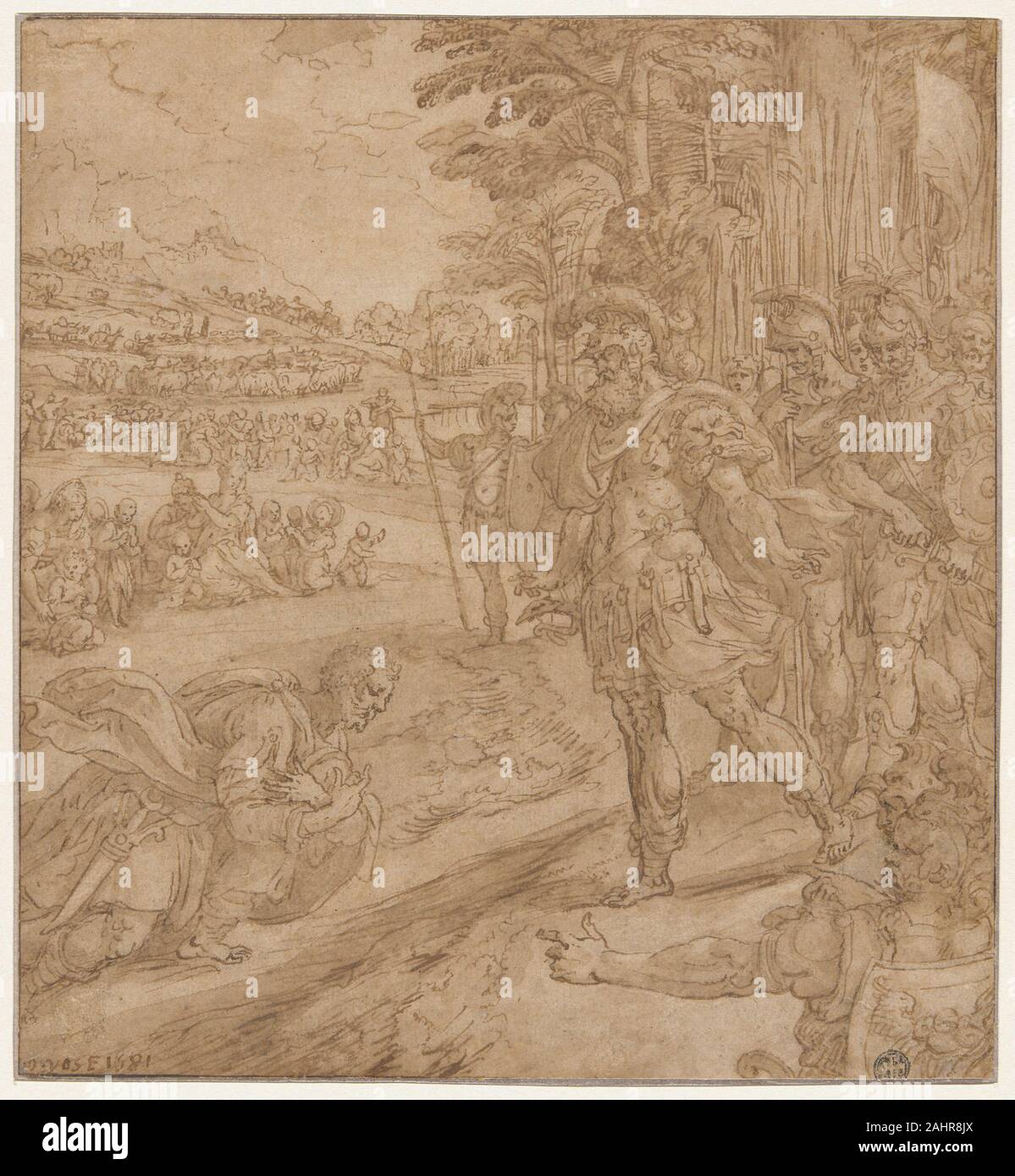 Marten de Vos. Riconciliazione di Giacobbe e di Esaù. 1581. Le Fiandre. Penna e inchiostro bruno e il pennello di colore marrone e lavare la crema di cui carta, incise con uno stilo per il trasferimento Foto Stock