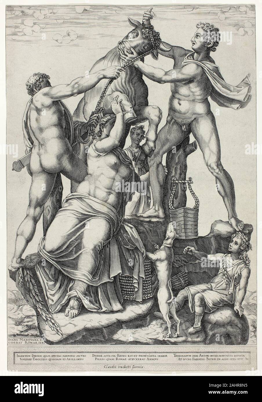 Diana scultori. Il Toro Farnese con Dirce, Zethus e Amphion. 1581. L'Italia. Incisione in nero su avorio di cui la carta Foto Stock