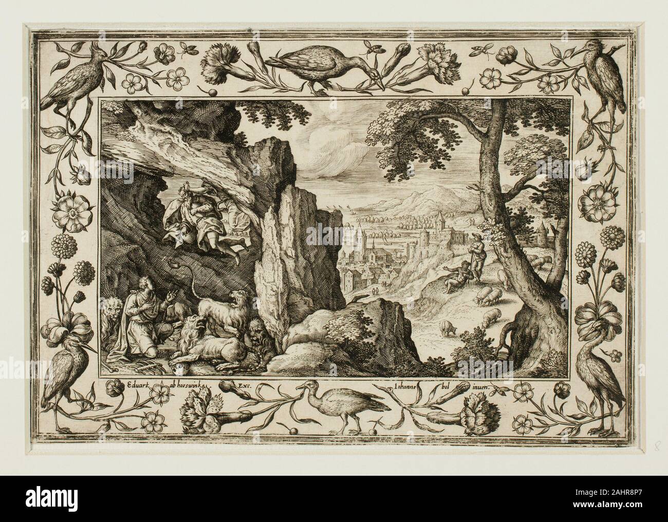 Adriaen Collaert, II. Daniel in the Lion's Den, dai paesaggi con il vecchio e il Nuovo Testamento scene e scene di caccia. 1584. Le Fiandre. Incisione in bianco e nero in crema di latte di cui carta, fissate sulla crema di latte di cui la carta Foto Stock